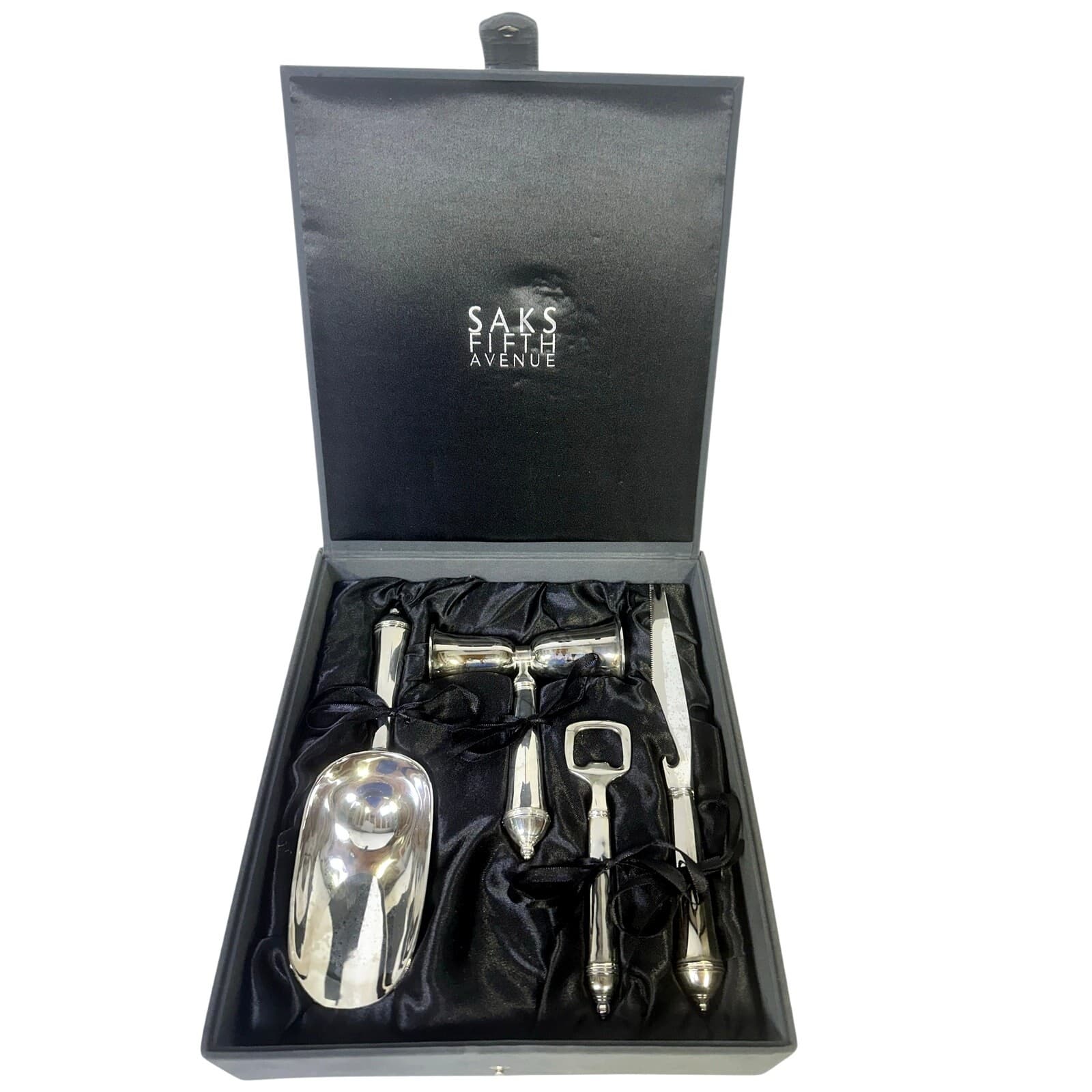 Saks Fifth Avenue Elegant 4 Piece Silver Plated Bar Set Black Satin Lined Case