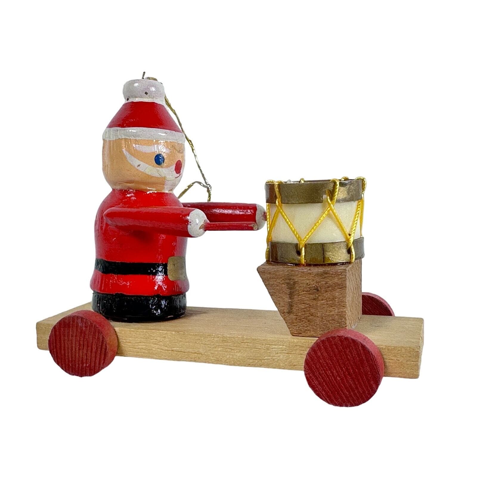 Wood Santa Playing Drum on Pull Toy Christmas ornament 3” Vintage