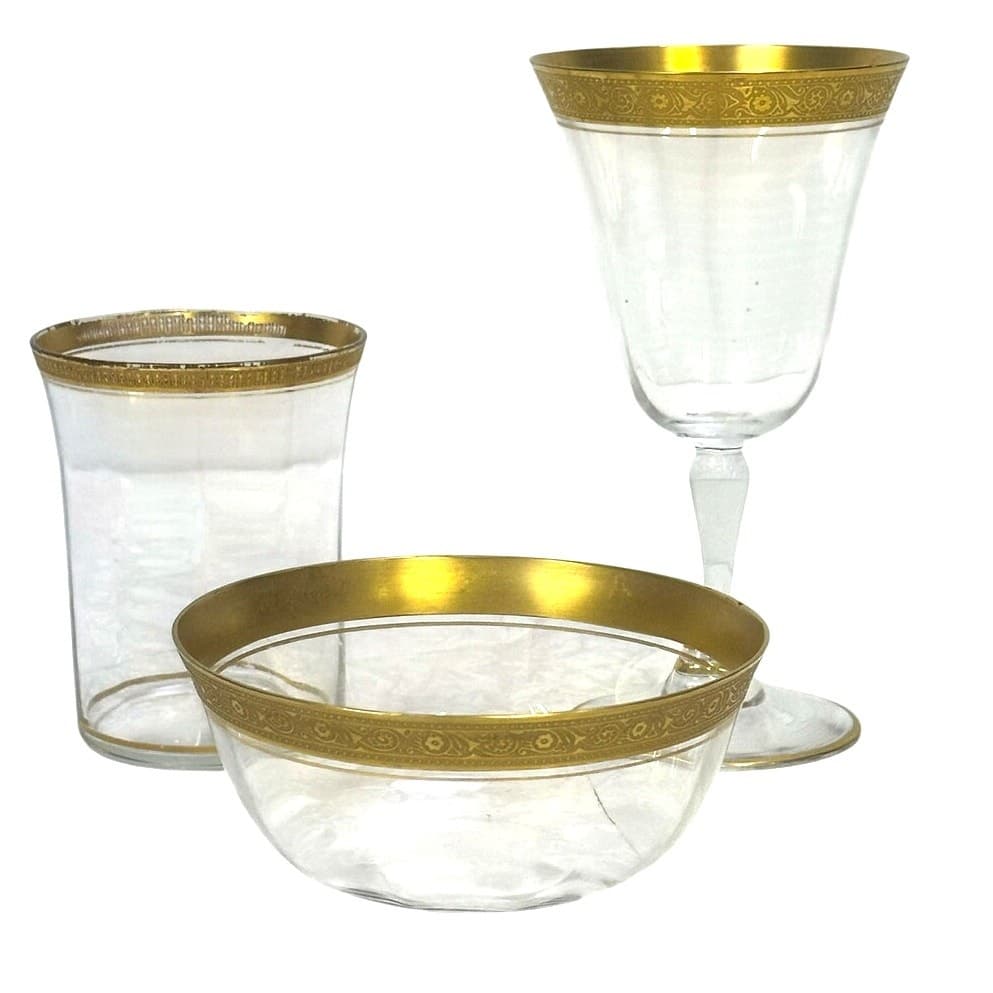 Tiffin-Franciscan Crystal Optic Gold Encrusted Bowl/Tumbler/Wine Glass-Chips