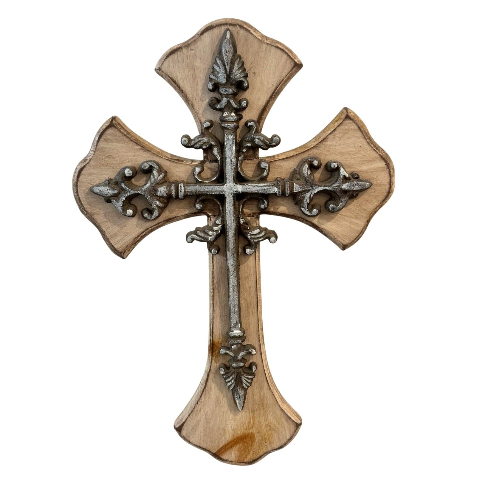 Heavy Primitive Rustic Vintage 17" Wooden Cross Intricate Cast Iron Overlay-Nice