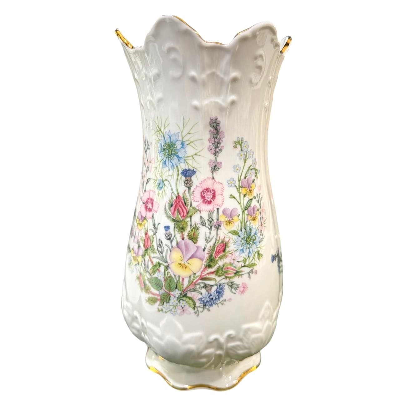 Aynsley Wild Tudor Fine Bone China Vase England 8.25” Floral Gold Trim