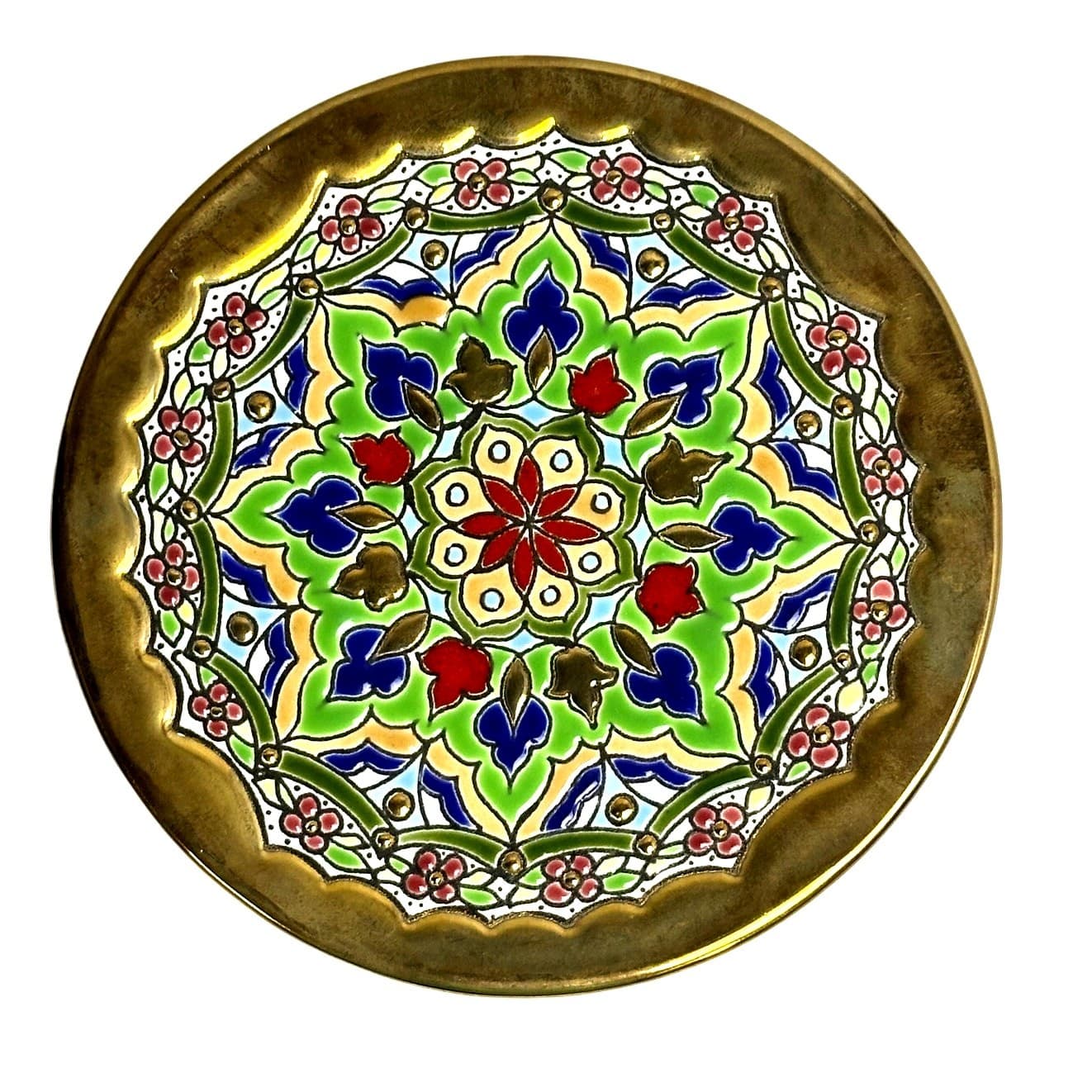 Vibrant Painted Enamel 6" Ceramic Plate Medina Perez Spain Gold Accents Gold Rim