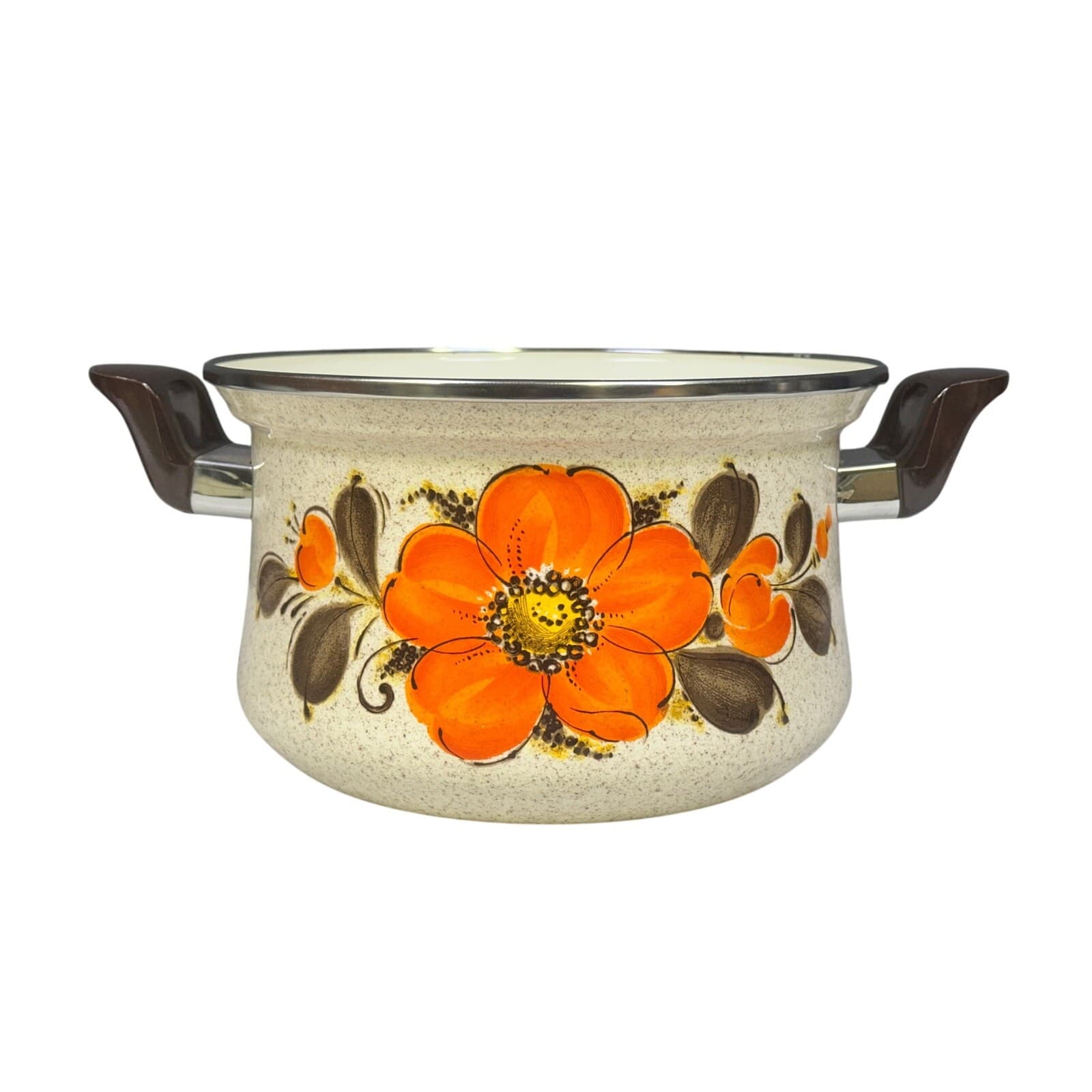 Sanko Ware Japan Show Pans Large 9.75” x 6” Stock Pot Orange Poppies Vintage