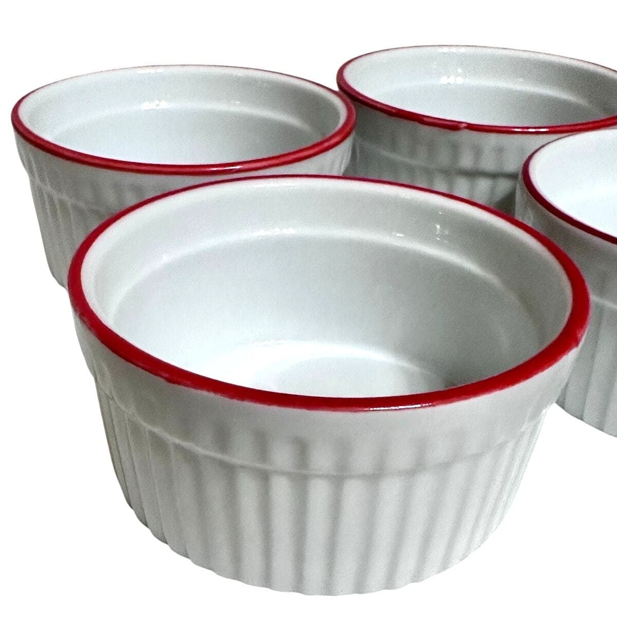 World Market White Ceramic Ribbed Ramekins Red Rim-Set of 7-Excellent!