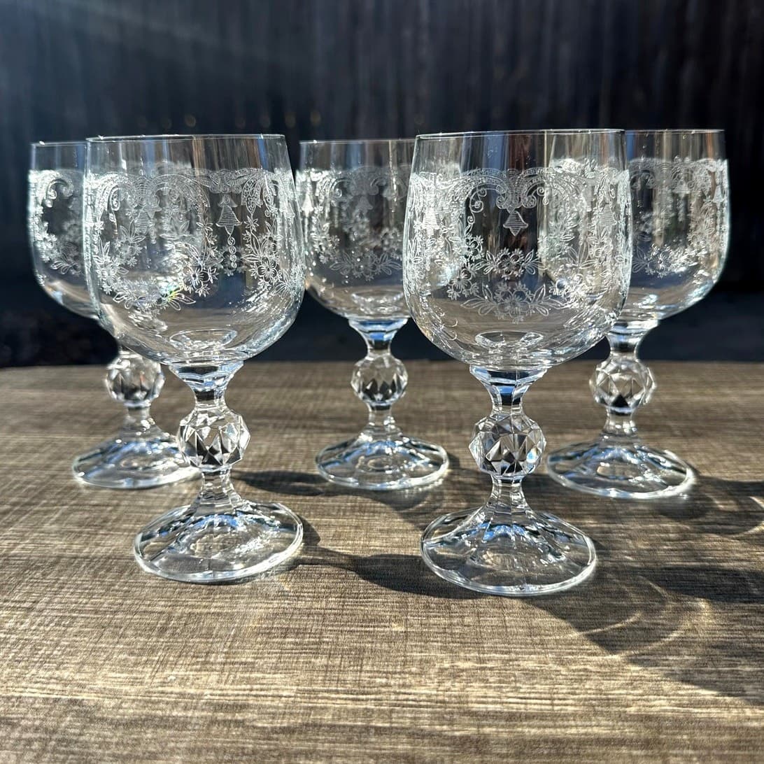 Bohemia Crystal 'Cascade Bell' Etched 5.75" Wine Glasses Cut Ball Stem- Set of 5