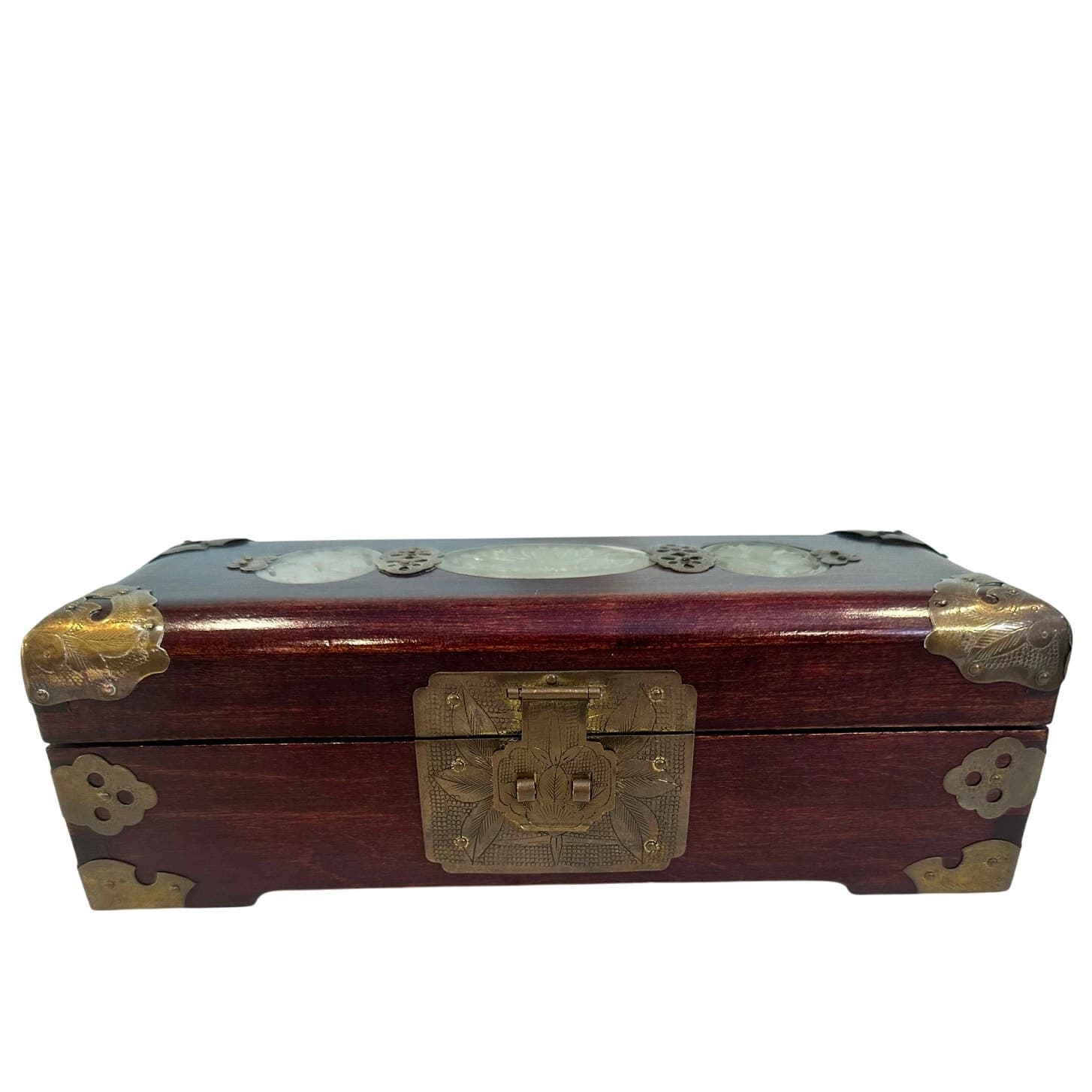 Chinese Vintage Wooden Jewelry Box Jade Inlays Brass Accents Green Silk Lining