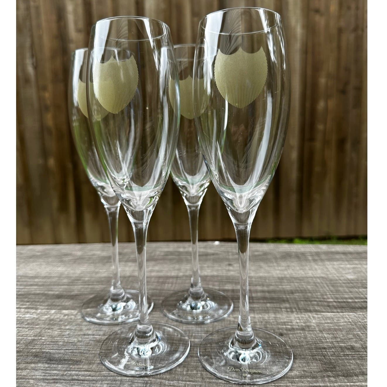 Dom Perignon Crystal 9 1/8" Champagne Flutes Signed Golden Shield on Bowl-Set 4