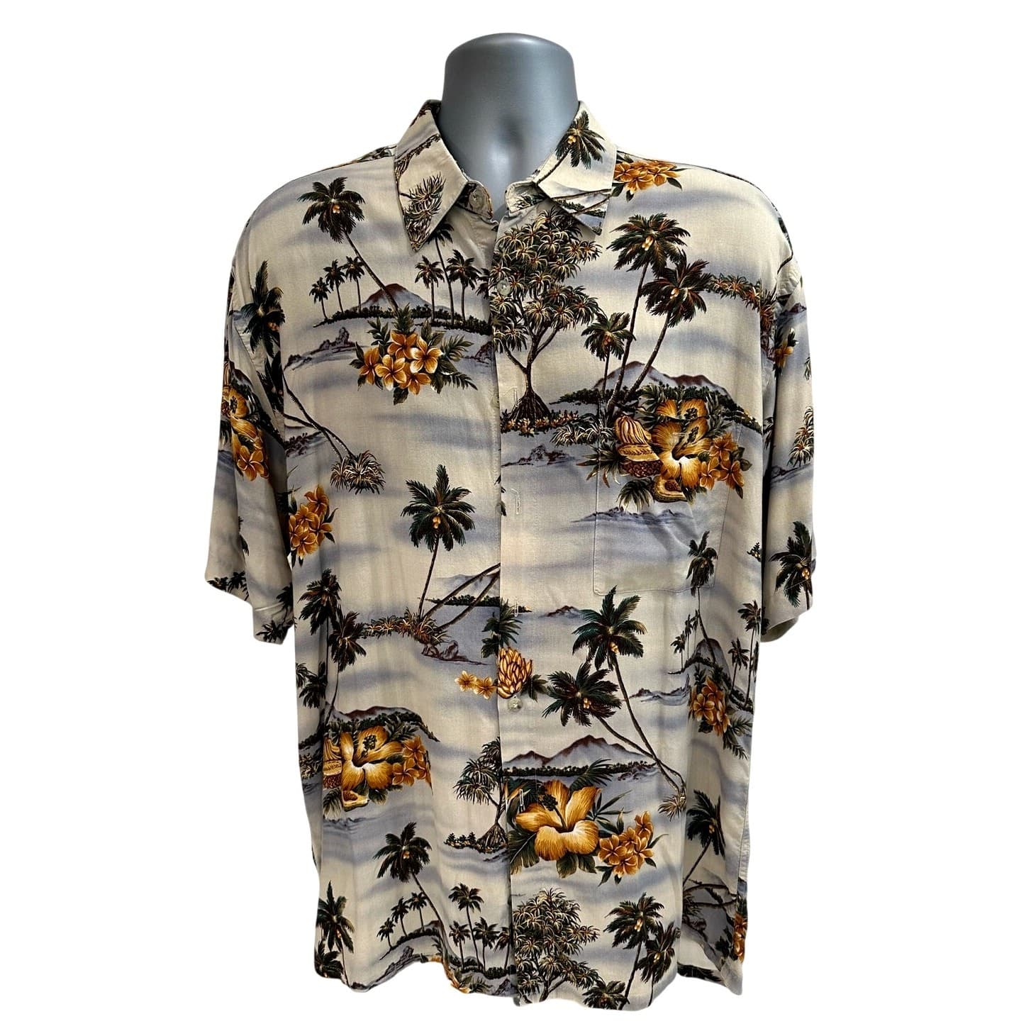 Pierre Cardin Rayon Hawaiian Shirt Men’s Large Tropical Palm Tree Island Scene