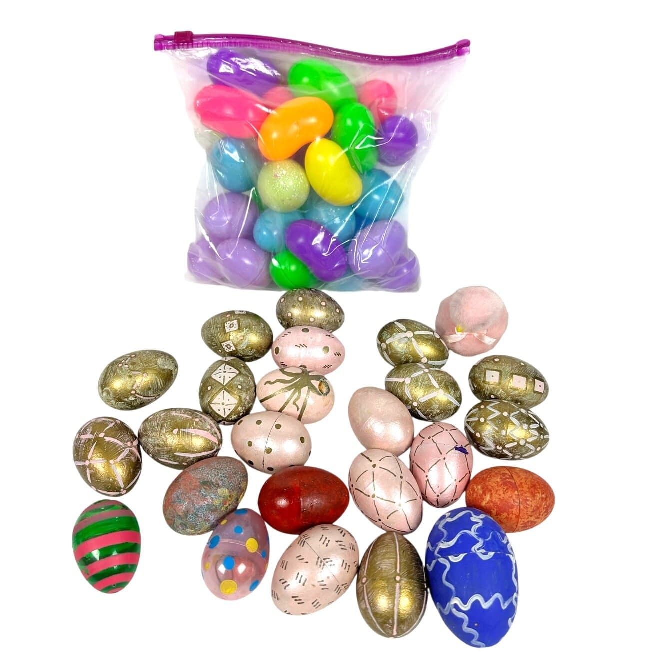 24 Hand Painted Plastic Easter Eggs & 31 Plastic Eggs and Jellybeans Plus Chick!