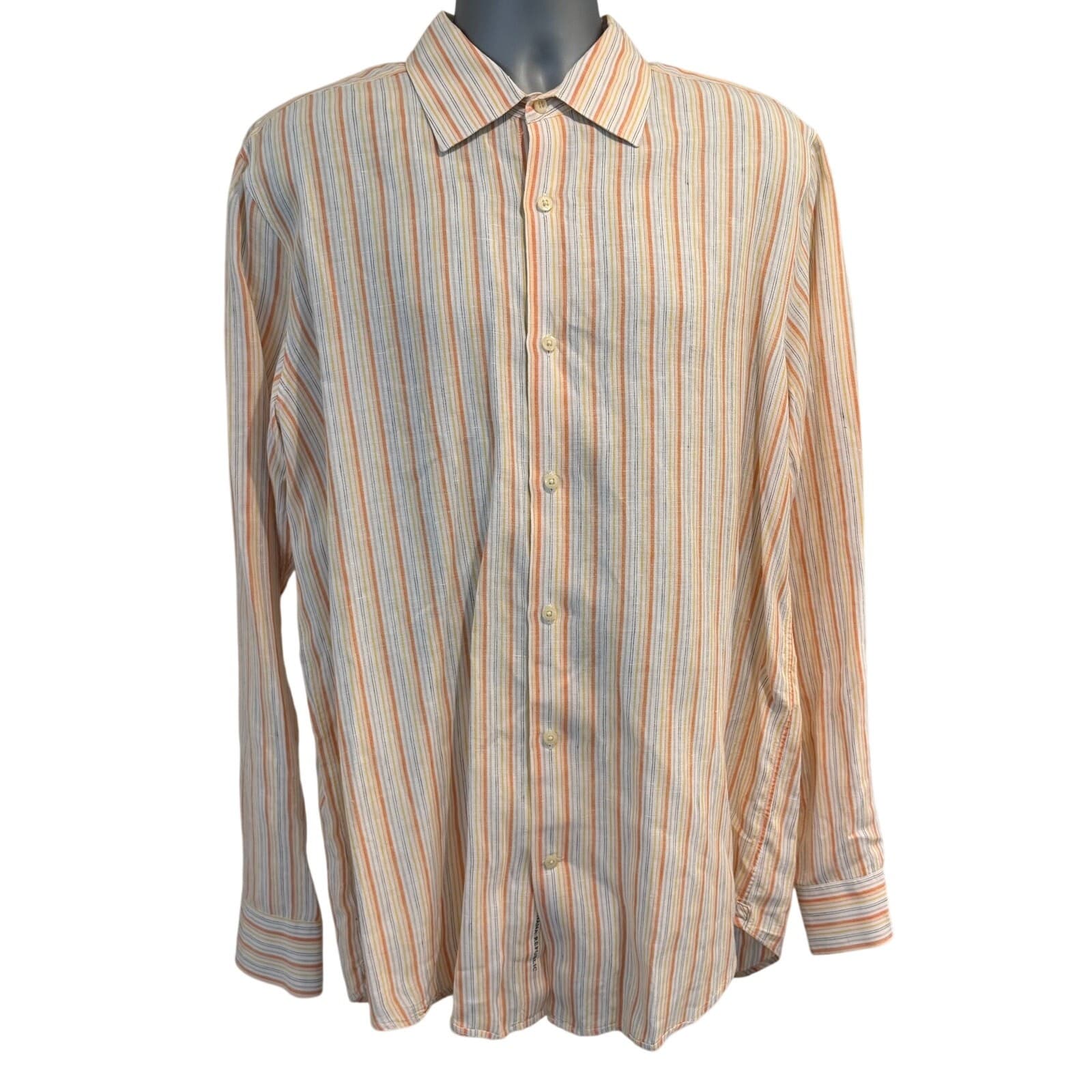 Banana Republic XL Linen Stripe Button Front Shirt Orange Yellow Long Sleeve