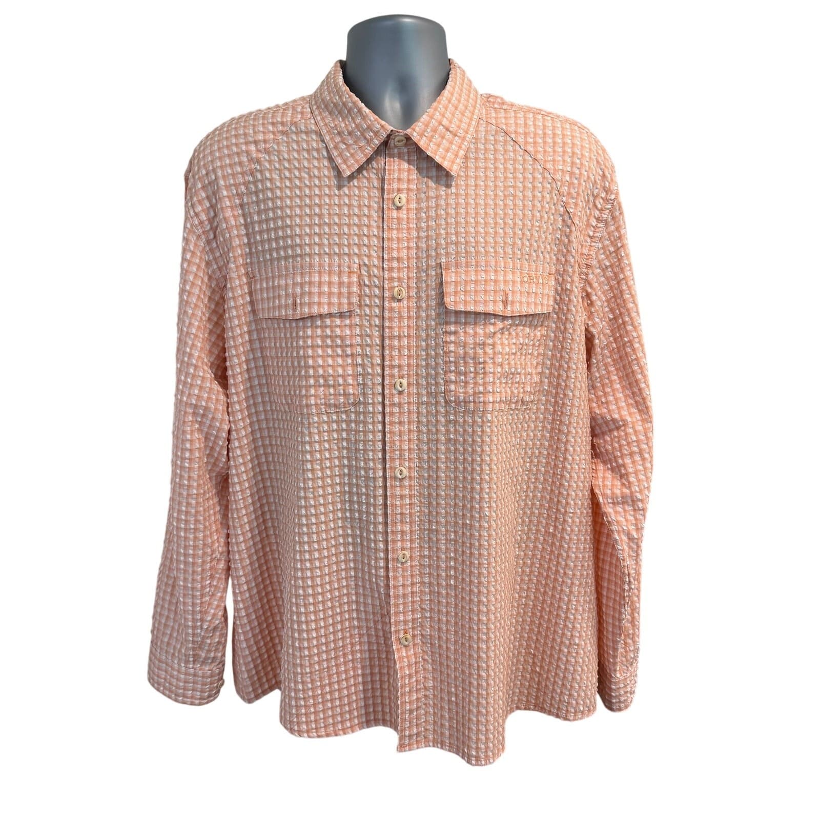 Orvis Active Fit XL Peach Seersucker Fishing Shirt Long Sleeve Vented Outdoor