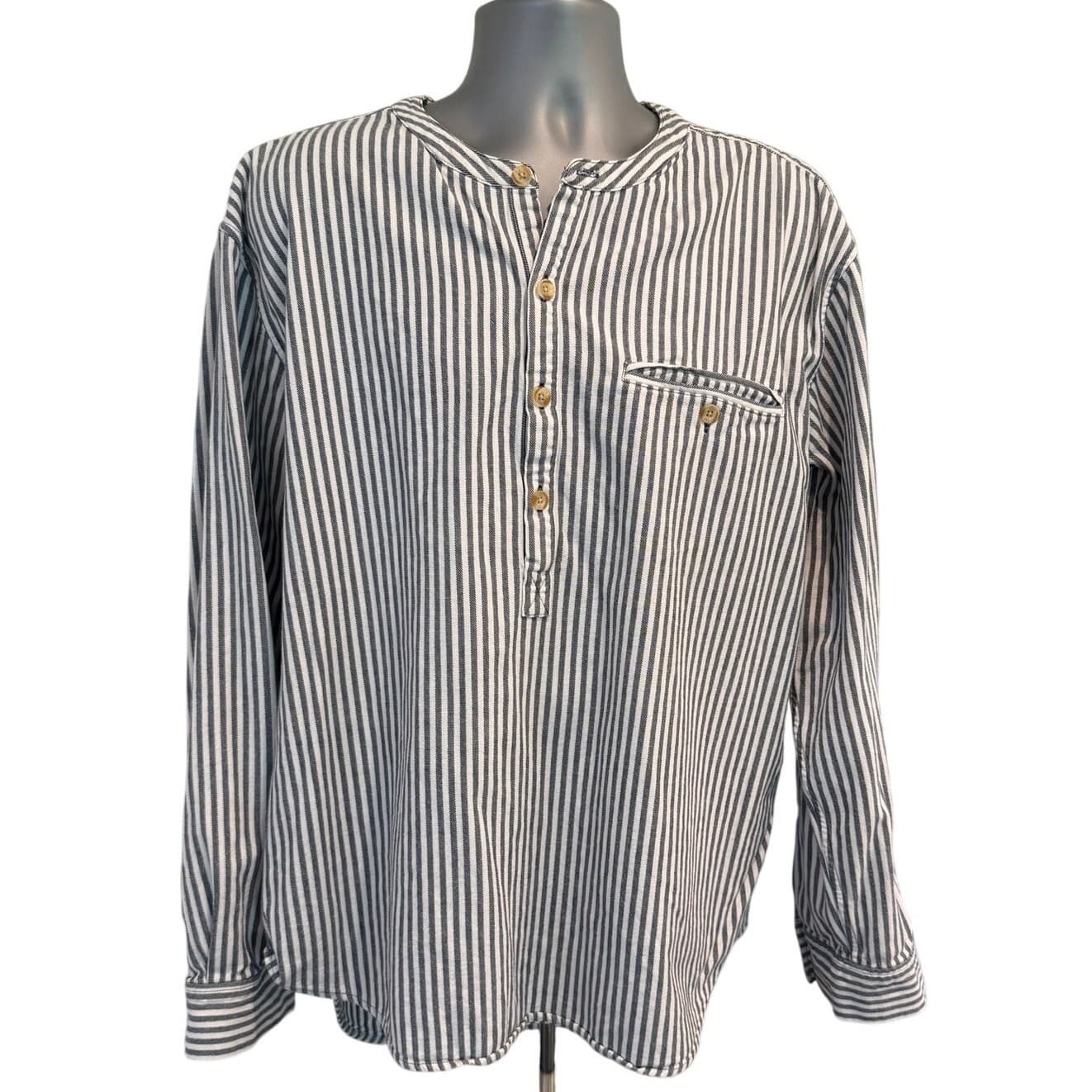Madda Fella Men's XL Black White Striped Henley Shirt 100% Cotton Long Sleeve