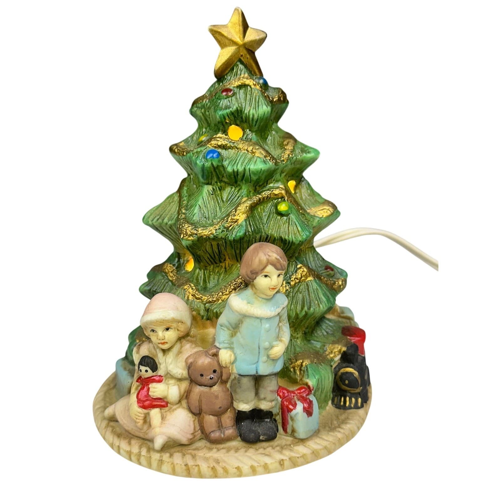 Vintage Porcelain Christmas Tree Boy Girl Teddy Bear Presents 7" Night Light