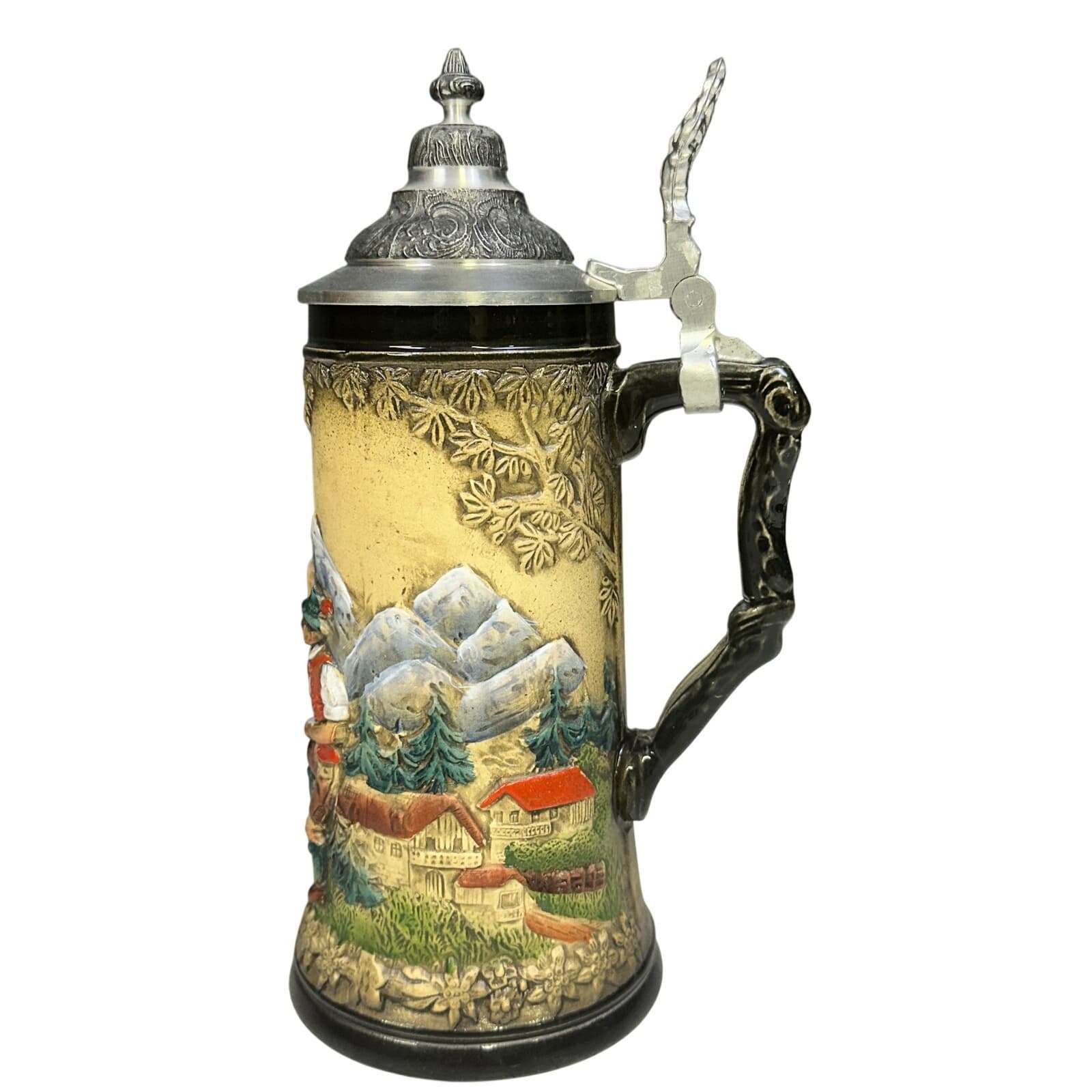 Handarbeit German 9" Vintage Beer Stein with Pewter Lid-Excellent
