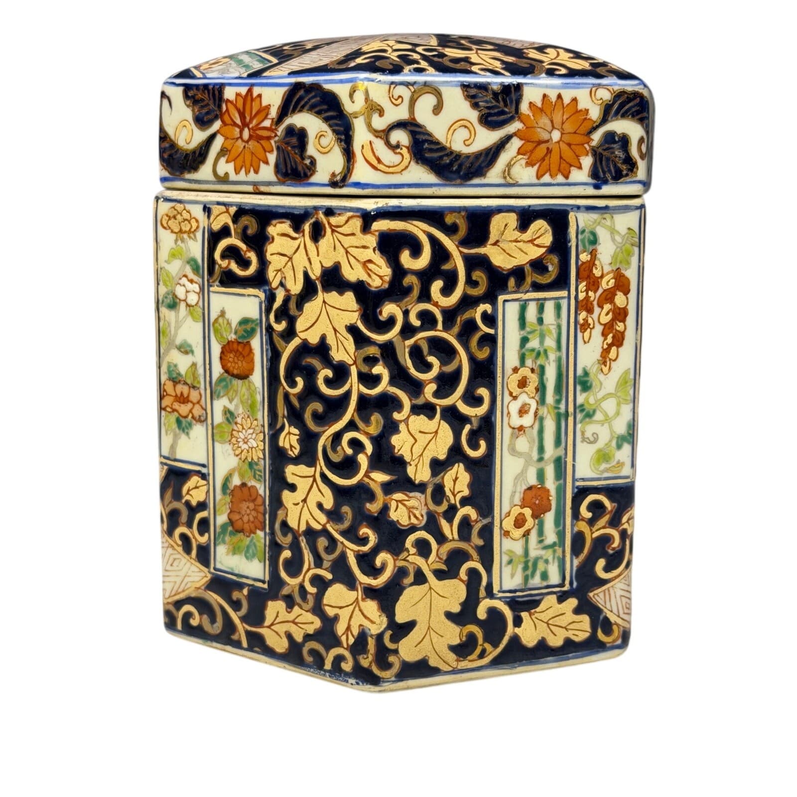Imari Japanese Octagonal Hand Painted 7" Enameled Jar with Lid