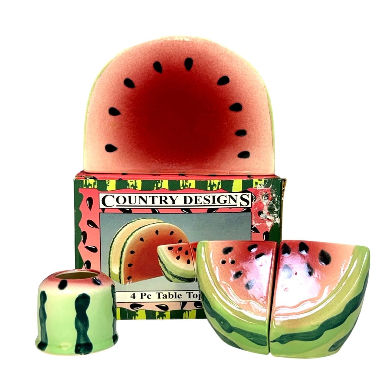 Country Designs Watermelon 4-PC Tabletop Set-Napkin Holder Toothpick Salt Pepper