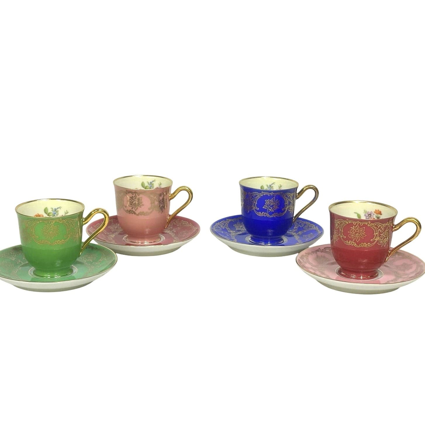 Bavaria Tirschenreuth PT Germany Demitasse Cobalt Green Rose Pink Cup Saucers 4