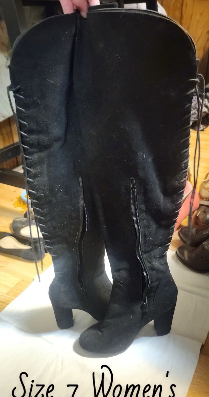 Fashion Nova Over the Knee Black Suede Bootie Zip Lace Accents Women's Size 7