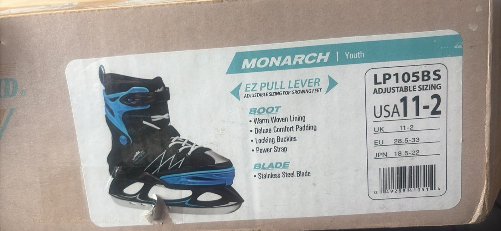 Lake Placid Monarch LP105BS Youth Adjustable Ice Skates 11-2 Black Blue Steel