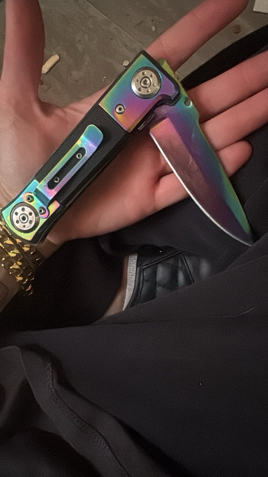 Rainbow Titanium-Coated Folding Pocketknife Plain Edge, Black Aluminum Handle