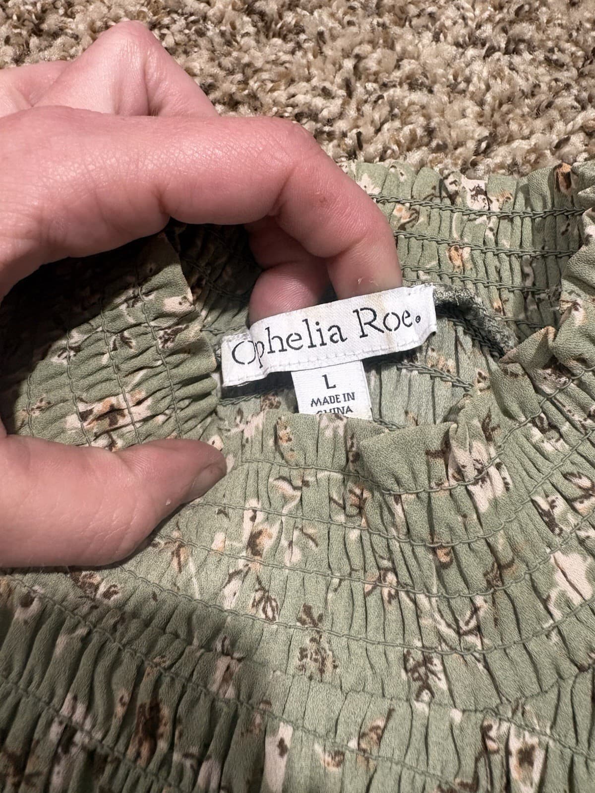 Ophelia Roe Women's Green Floral Smocked Ruffle Long Sleeve Size L