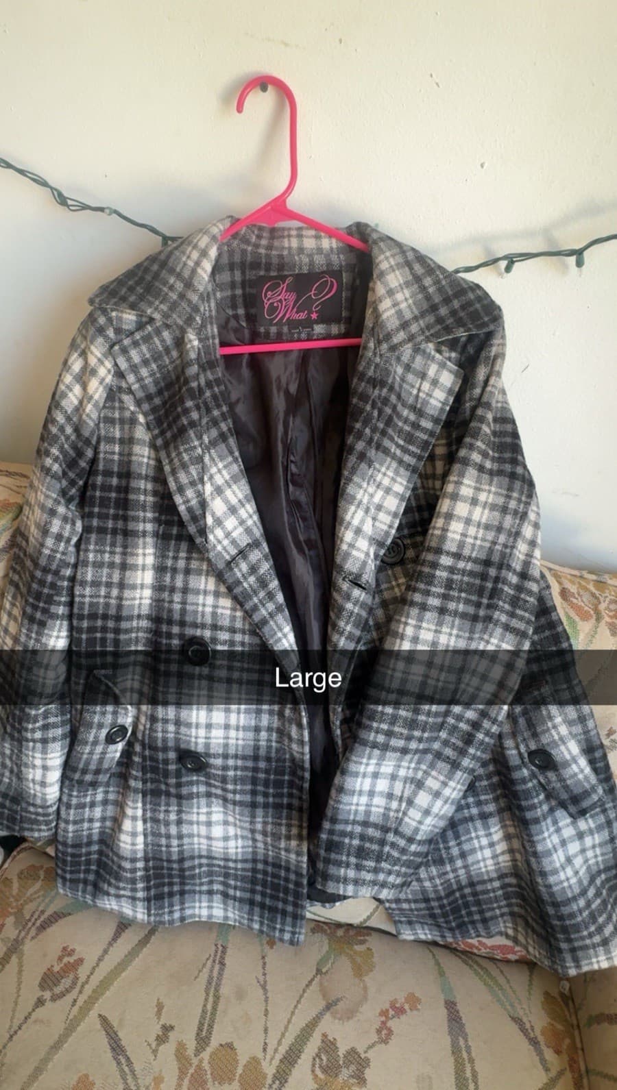 Say What? Women's Plaid Pea Coat Gray White Black L Collared Button Lined