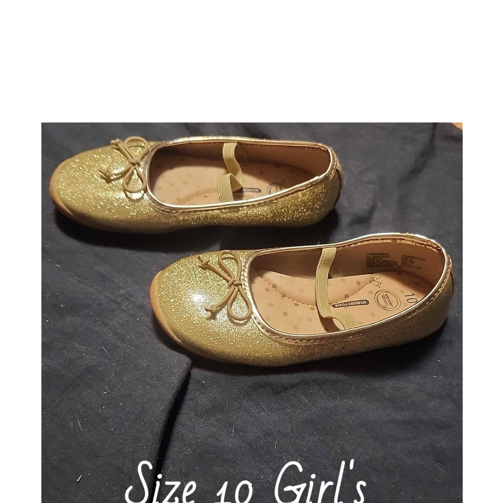 Wonder Nation Girls Gold Glitter Bow Slip-On Ballet Flats Straps Size 10