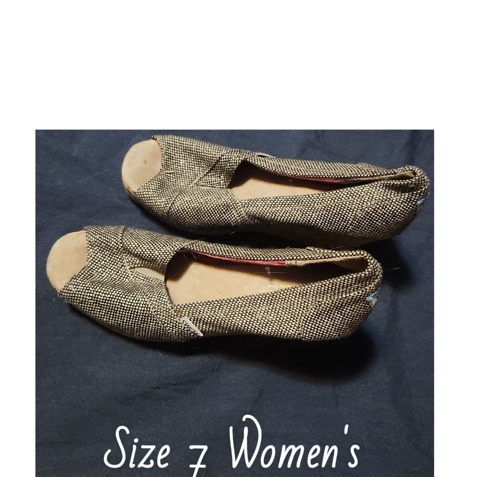 TOMS Beige Black Herringbone Wedges Cotton Blend Slip-On Women's 7