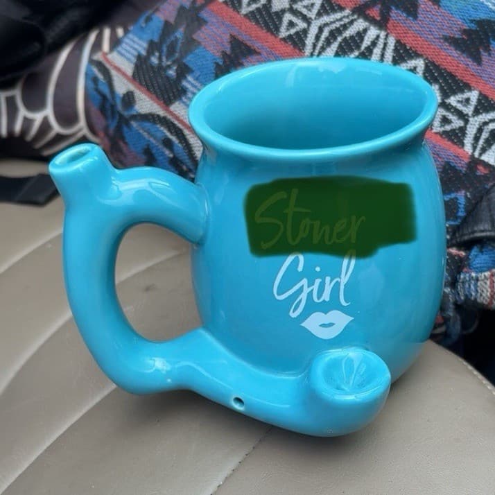 Blue Stoner Girl Figural Ceramic Coffee Mug Novelty with Pipe Attachment