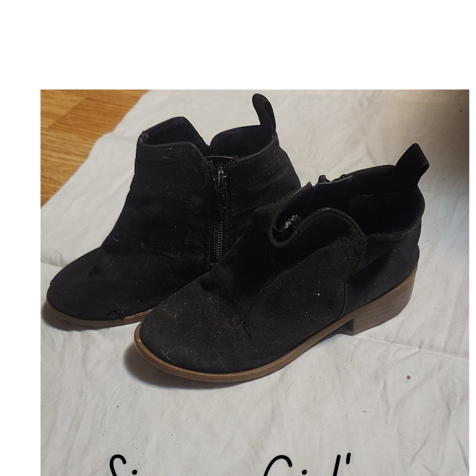 Girls Black Ankle Booties Zip Block Heel Round Toe Size 11