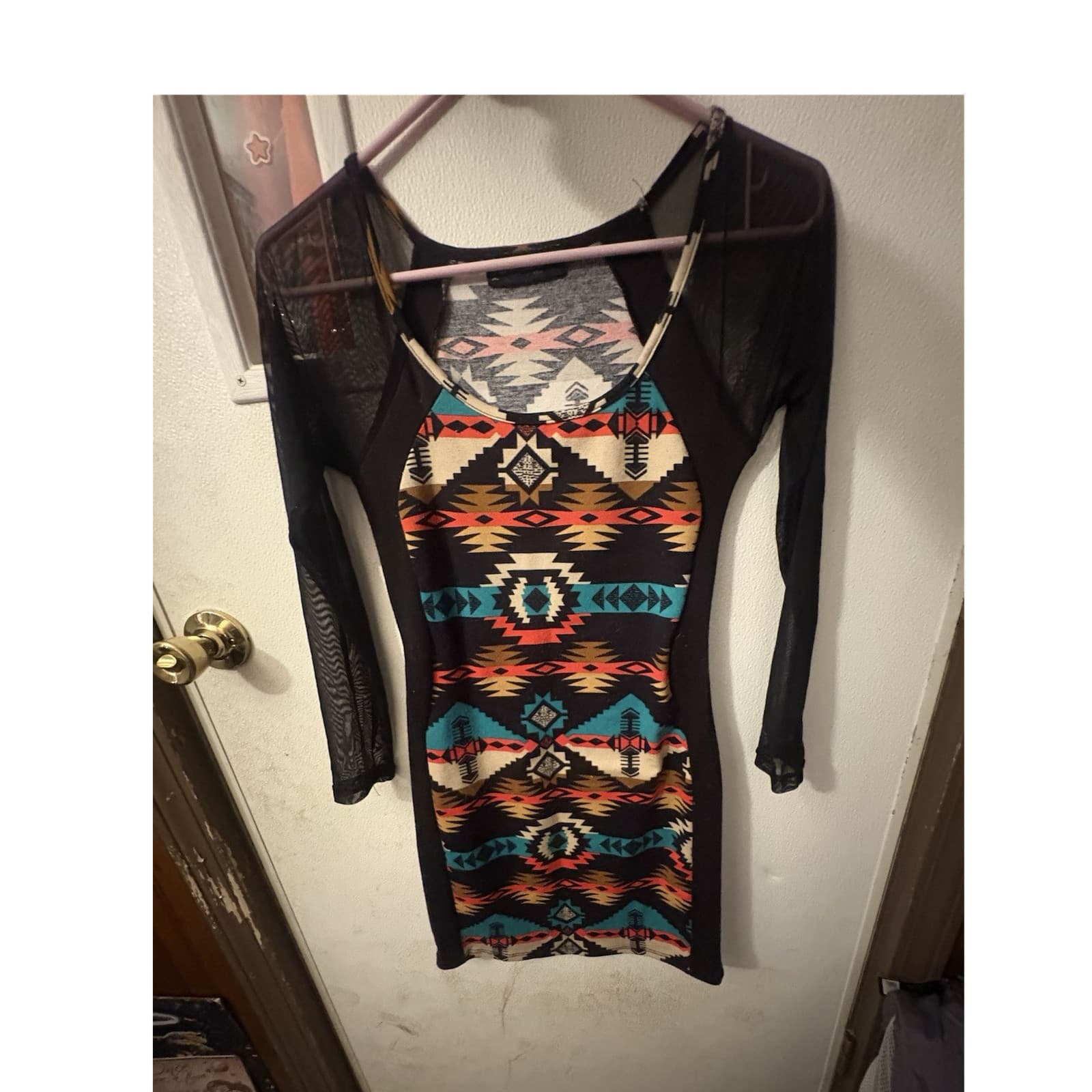 Annabelle Aztec Print Mesh Long Sleeve Short Bodycon Dress Regular Size S