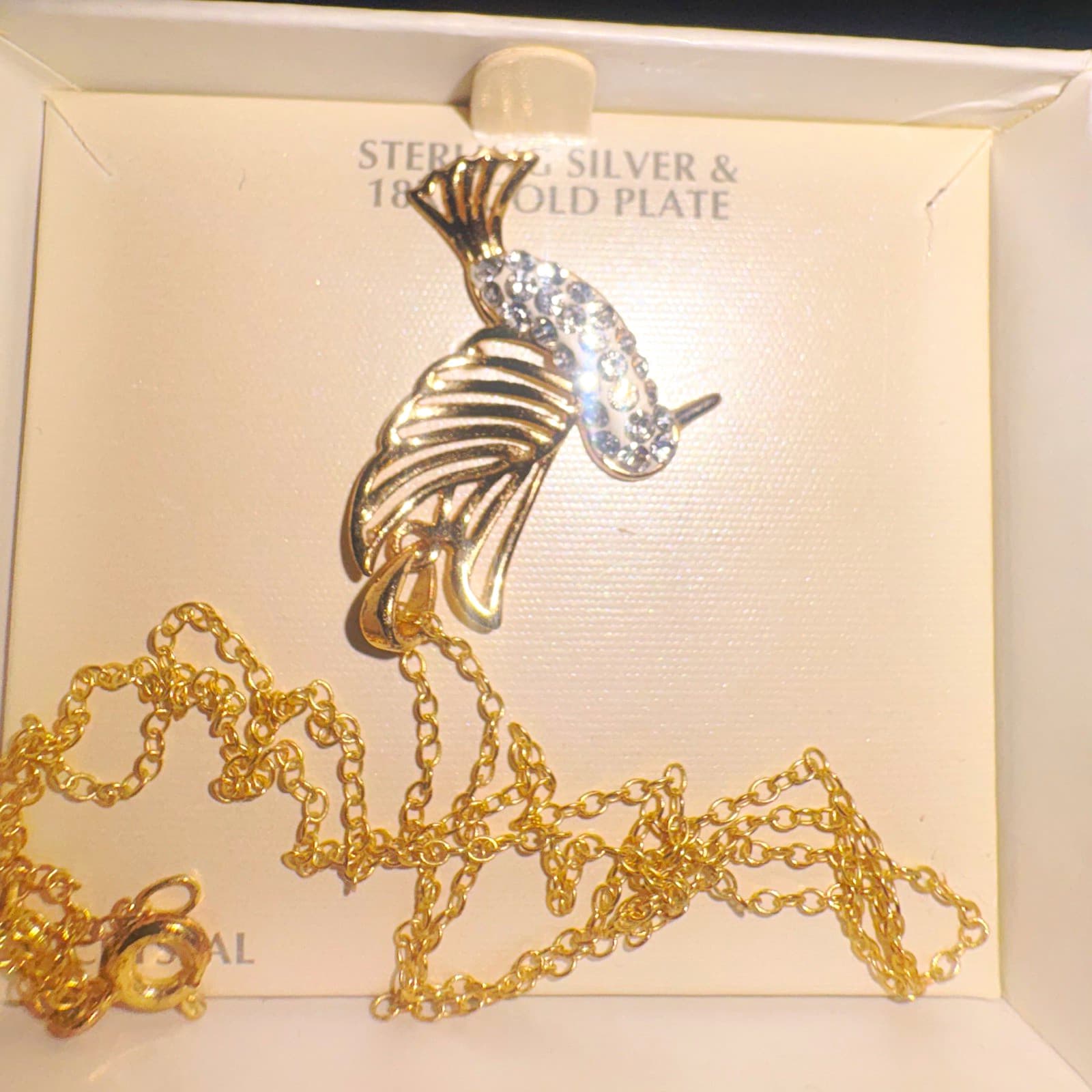 925 Sterling Silver 18K Gold Plated Crystal Hummingbird Charm Pendant Necklace