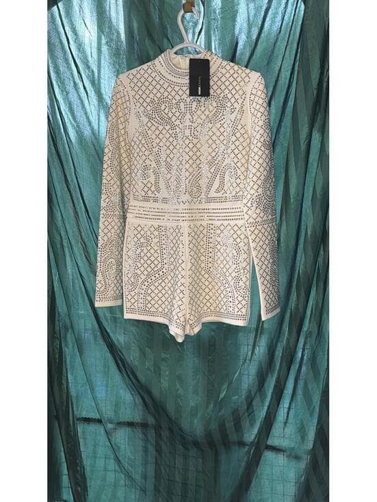 Fashion Nova Ivory Rhinestone Embellished Long Sleeve Romper
