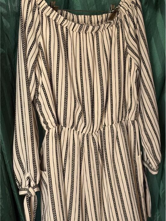 Black and White Striped Long Sleeve Dress with Waist Tie
