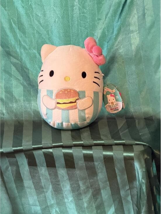 Squishmallow x Sanrio Hello Kitty Plush with Hamburger - Blue and White Striped
