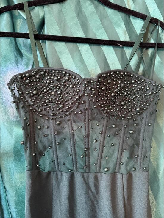 Fashion Nova Rhinestone Corset Maxi Dress Sage Green Studded