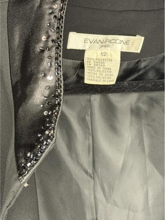 Evan Picone Tailored Black Dress Coat/Beaded Trim - Size 12