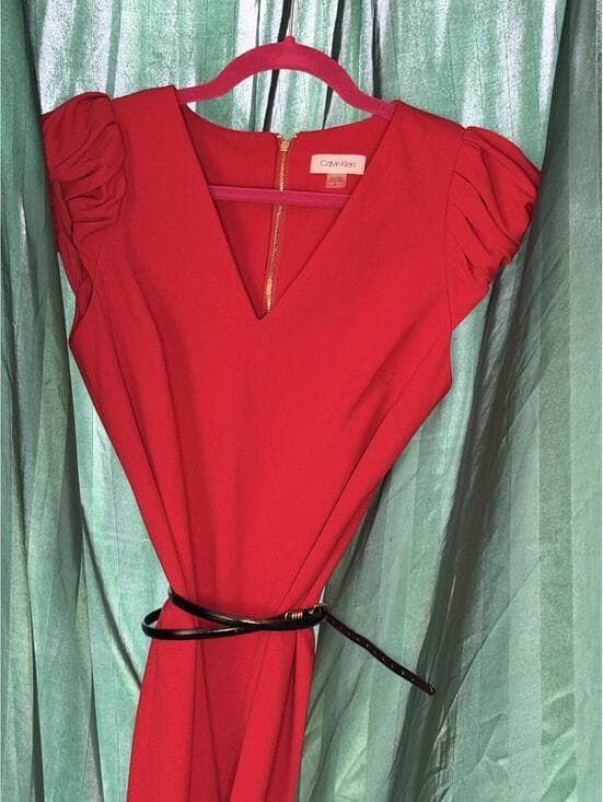 Calvin Klein Red Puff Sleeve Midi Dress with Belt