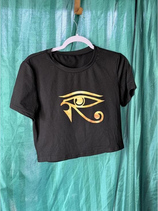 Black Crop Top with Golden Eye Graphic - 95% Polyester