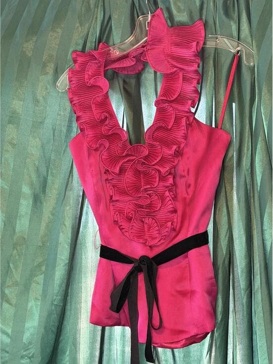 White House Black Market Ruffle Halter Top Velvet Waist Tie