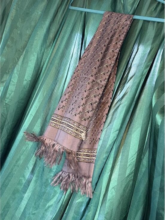 Golden Camel Silk Scarf with Horse Print & Fringe