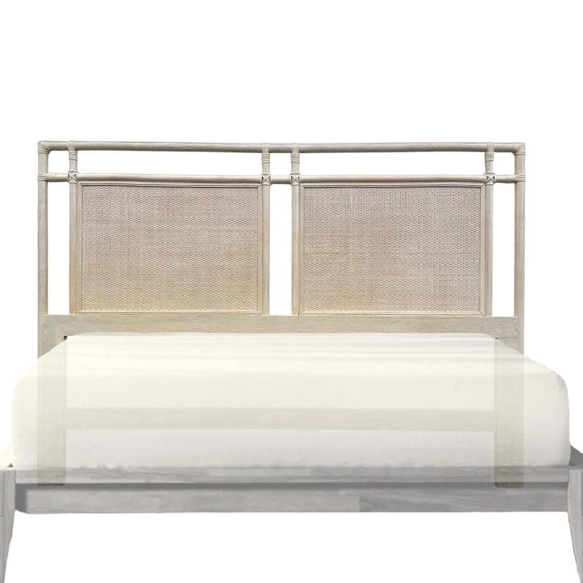 Queen Rattan Wicker Bamboo Headboard by Ficks Reed – Vintage Whitewashed Coastal Boho Chic Bedroom Furniture - Image 1