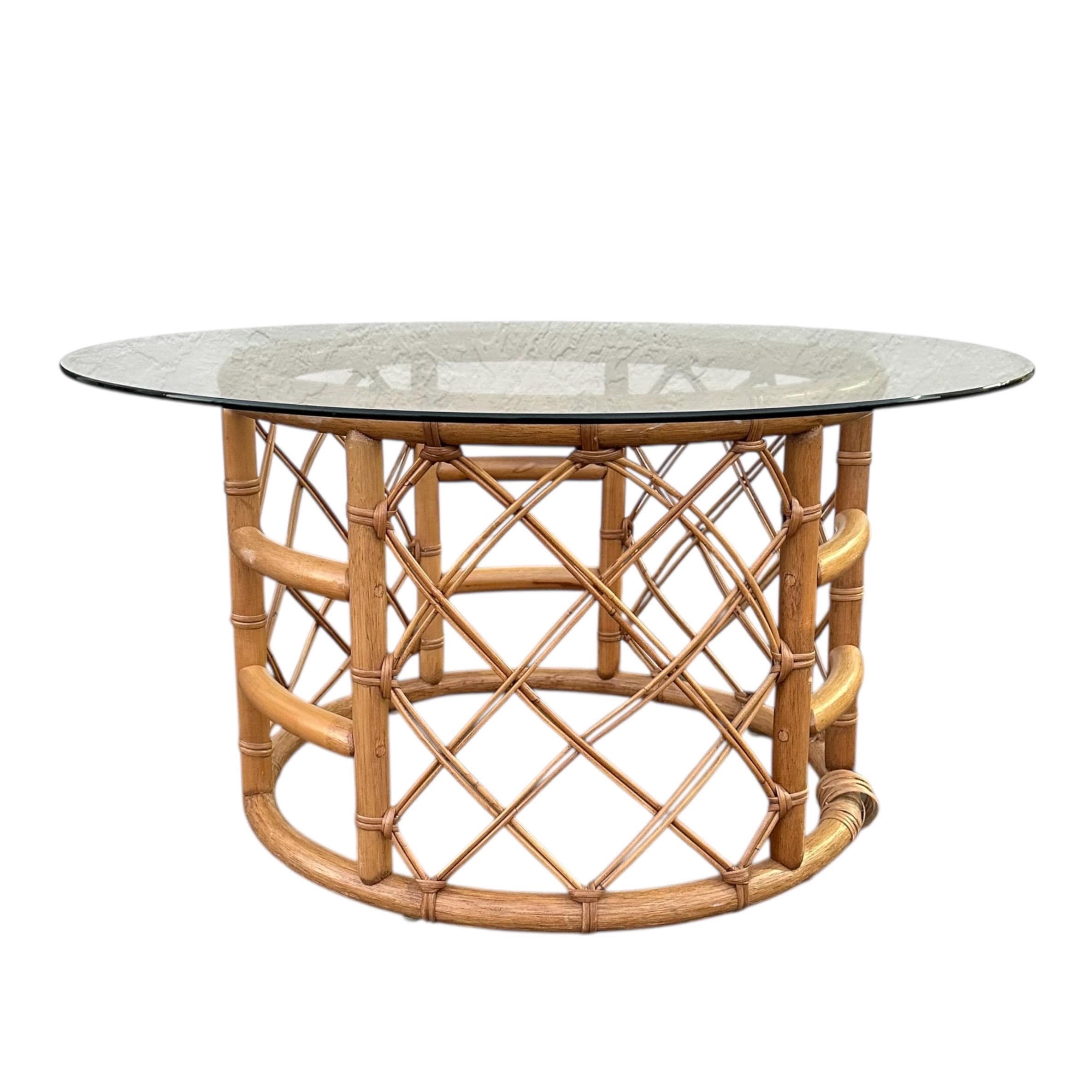 Vintage Rattan Coffee Table with Glass Top - Round Natural Coastal Boho Palm Beach Style