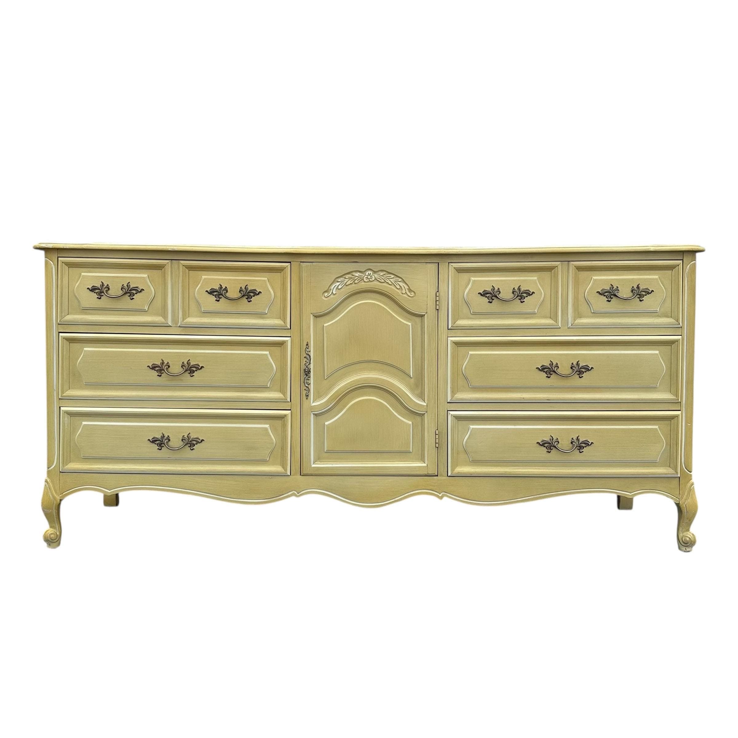 Henry Link French Provincial Dresser 69” Long - 1970s Vintage Golden Green & White Credenza with 9 Drawers Romantic Cottage Shabby Chic - Image 1