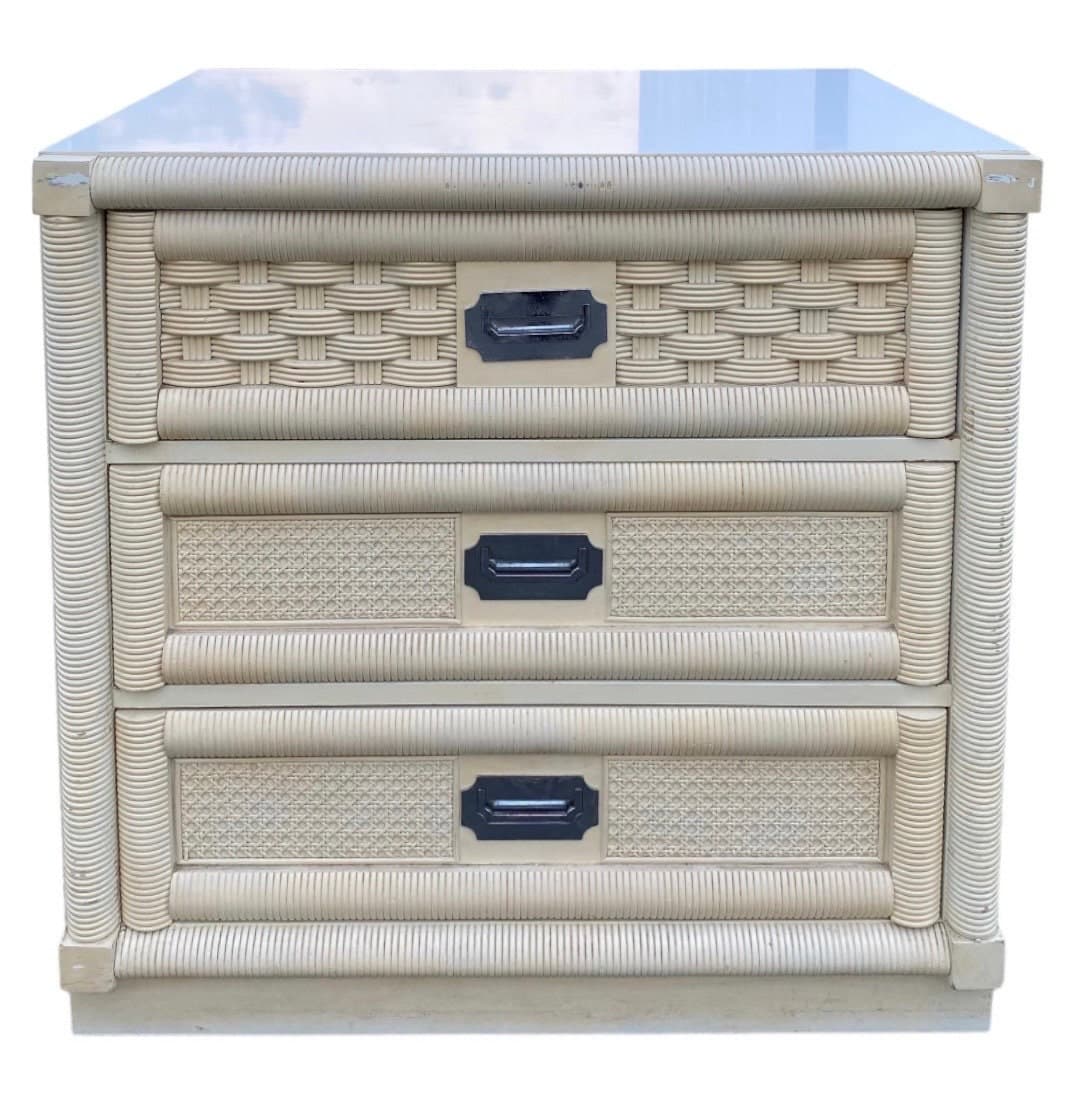 Rattan Nightstand by Dixie Wicker Weve with 3 Drawers 30" Tall - Vintage Creamy White Cane Coastal Bamboo Campaign Boho Chic Style Chest
