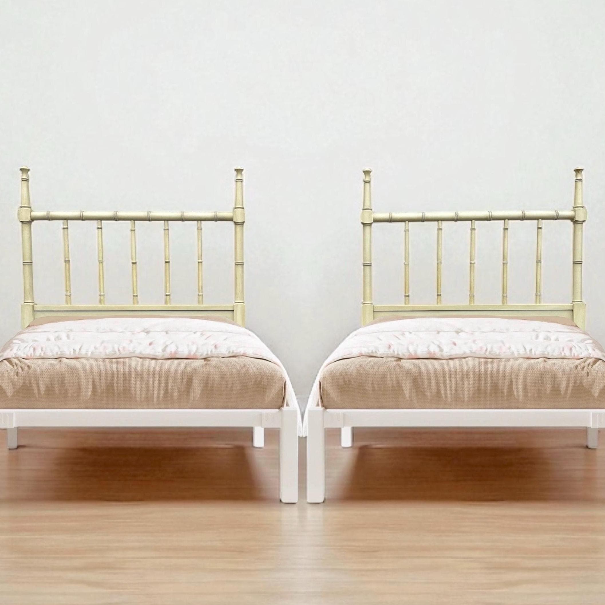 Vintage Faux Bamboo Twin Headboards - Henry Link Bali Hai White Coastal Hollywood Regency Pair