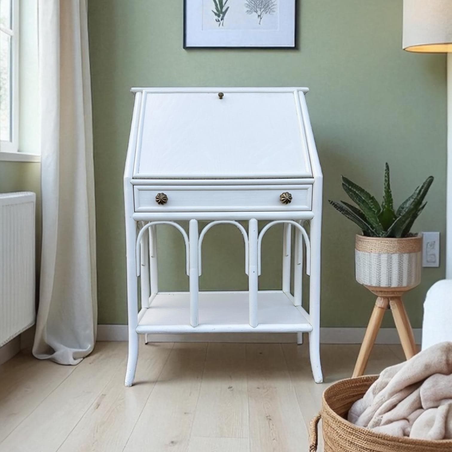 Vintage White Bamboo Secretary Desk with Drop Front - Coastal Rattan Boho Chic Style Furniture
