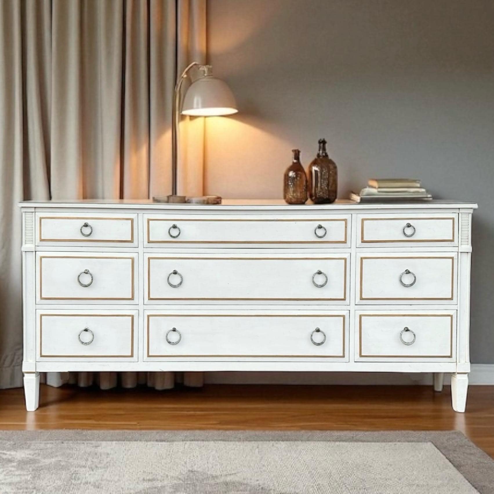 Vintage Davis Cabinet Company 71” Long Dresser – Antique White Gold Wood 9 Drawer Credenza with Drop Ring Pulls