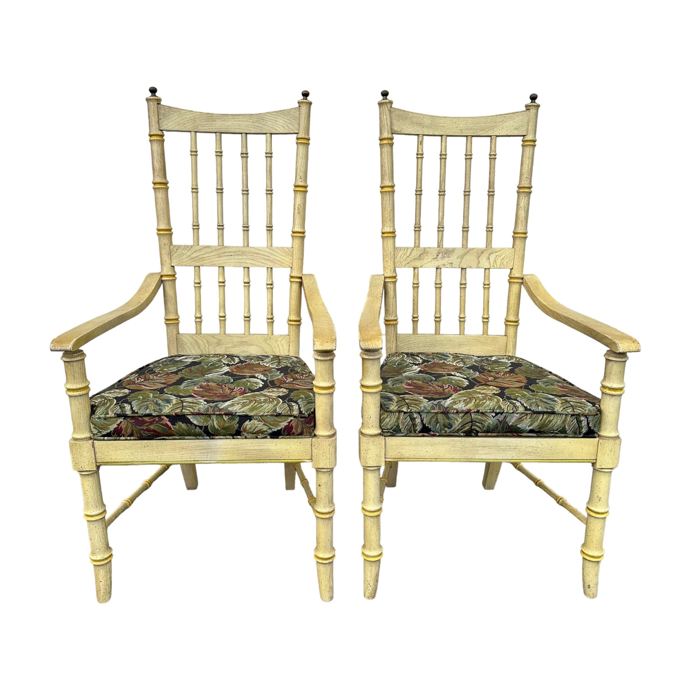Faux Bamboo Armchairs with Spindles & Finials by Stanley Furniture Set of 2 - 1970s Vintage Pair Coastal Palm Beach Dining Accent Arm Chairs