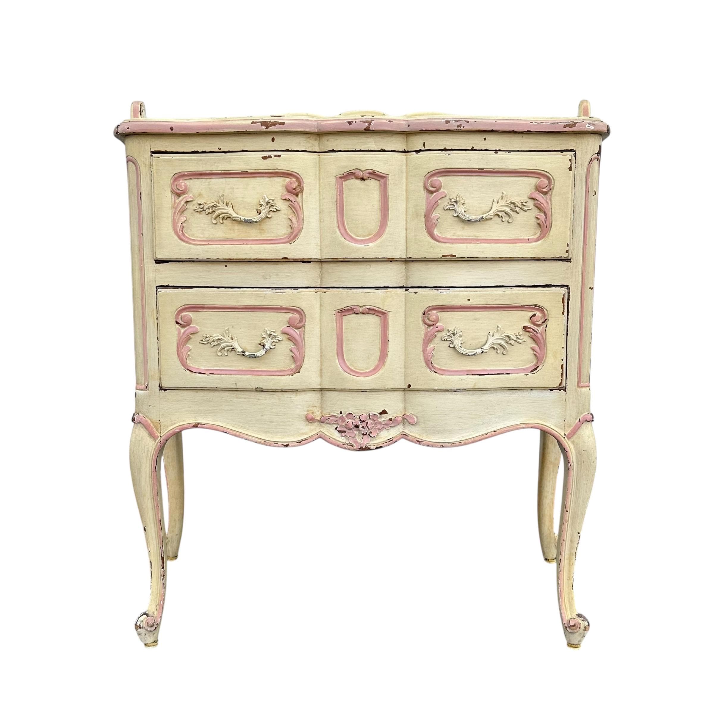 Vintage Romantic Nightstand - Distressed Pink & Creamy White Louis XV Wood Commode - French Provincial Shabby Chic Chest with Cabriole Legs